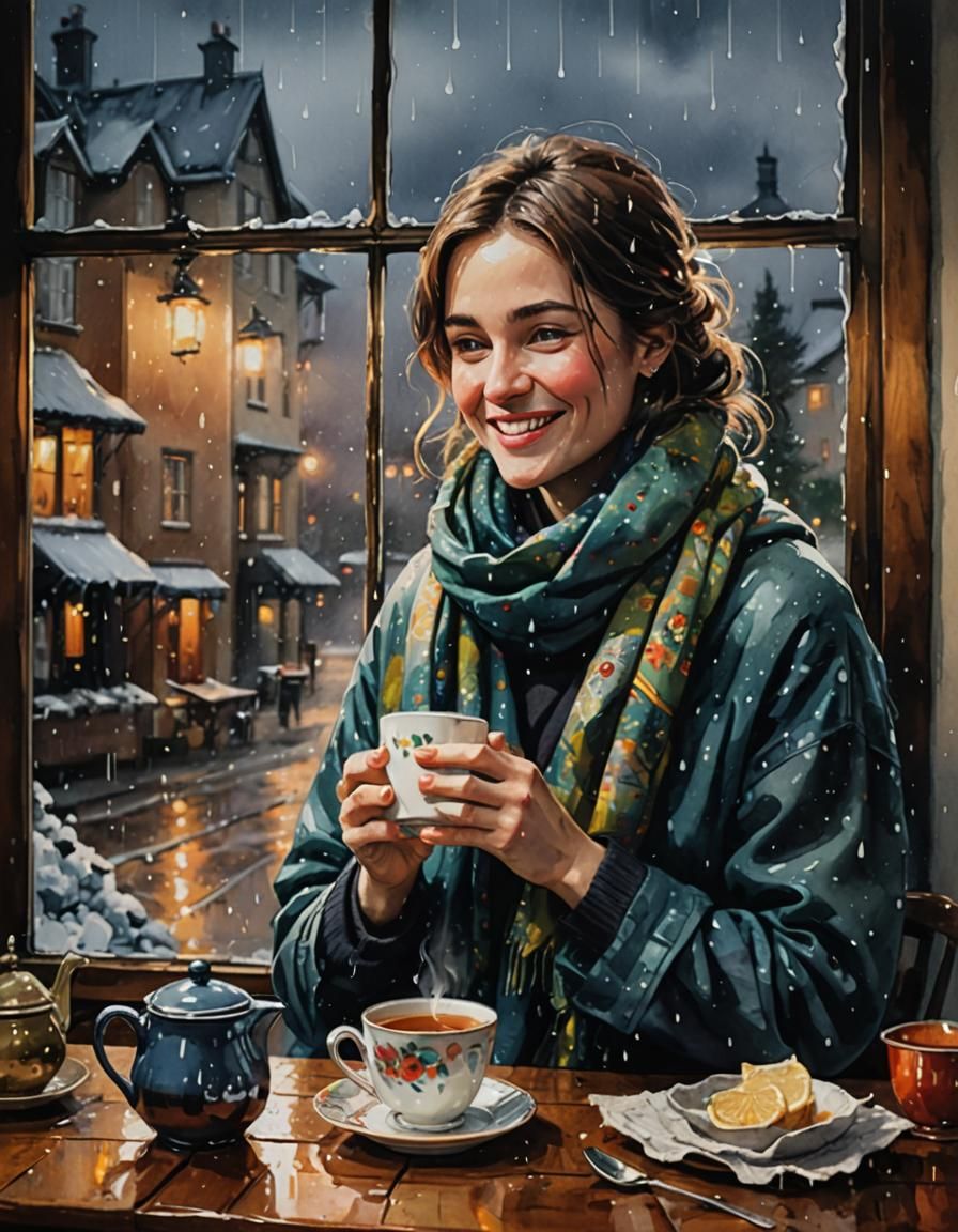 Cozy Winter Joy: Woman Drinking Tea in Alcohol Ink Style