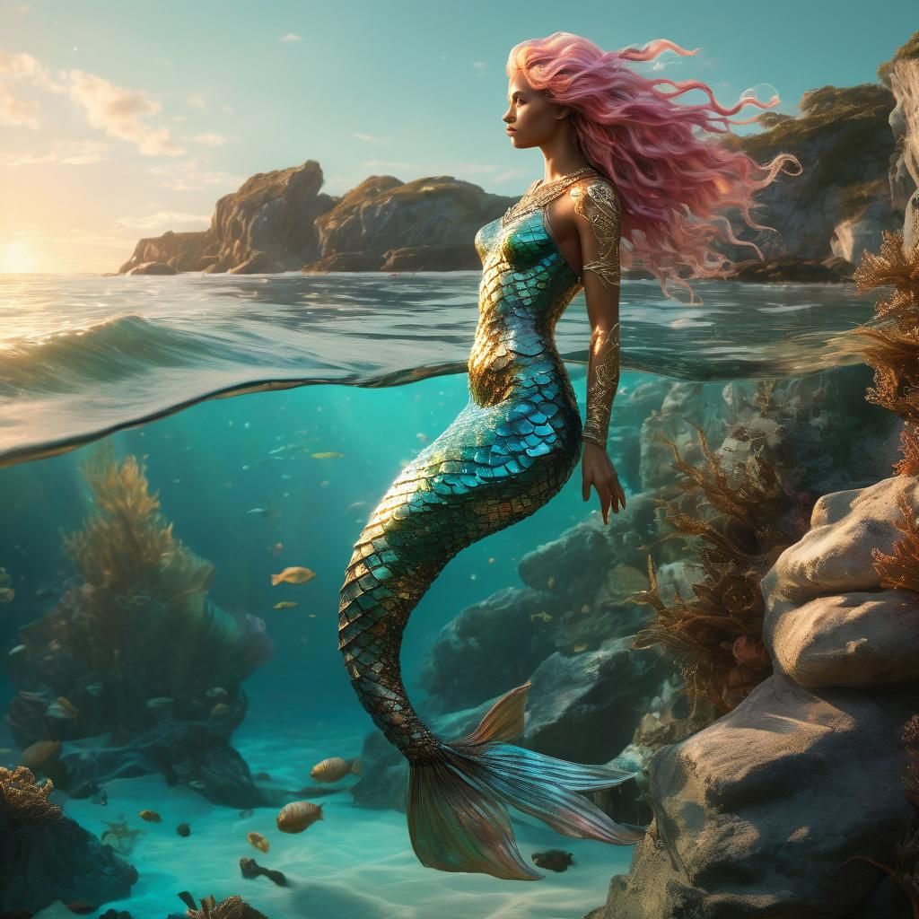 Mermaid and Seahorse Companion in Luminous Realism