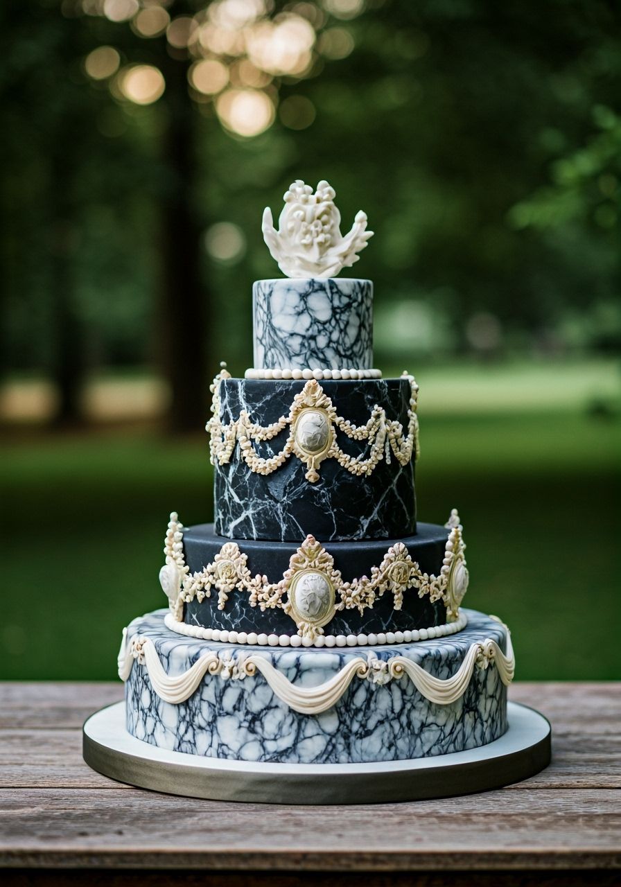 Ornate Marble Cake on Rustic Table, Baroque Style