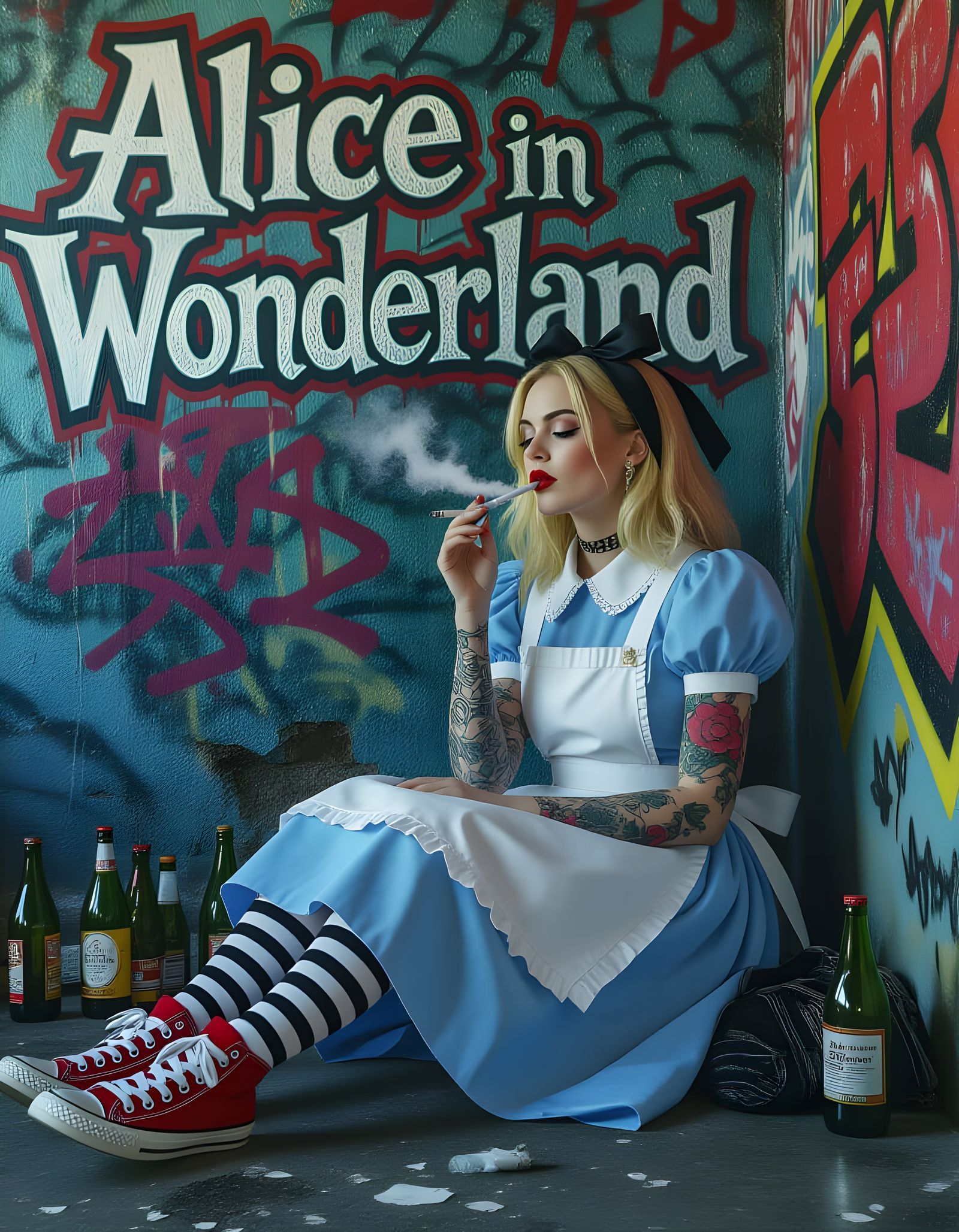 Urban Alice in Wonderland with Tattoos, Photorealistic Photo...