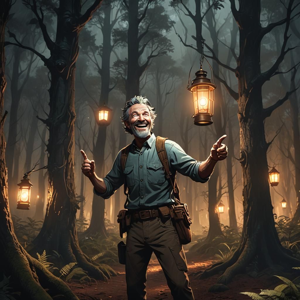 Rick Laughing in Dark Fantasy Forest