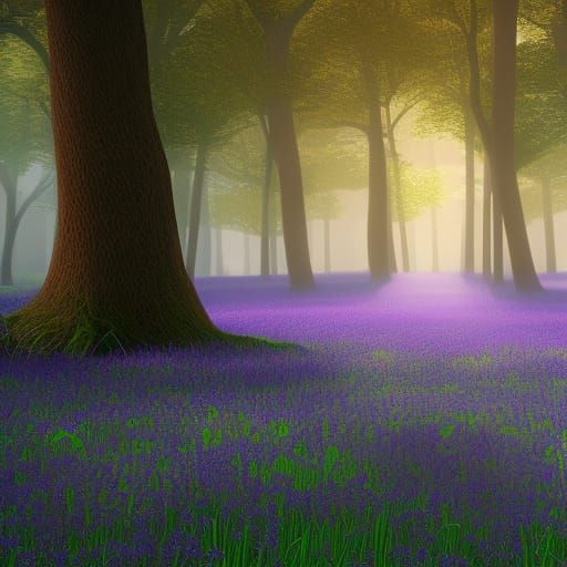 Bluebell Field with Sunrays: Fantasy Matte Painting
