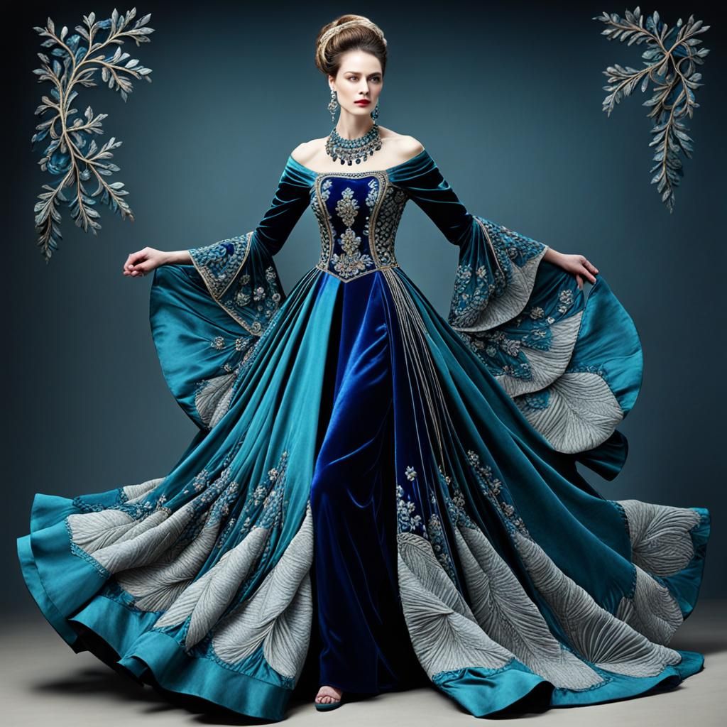 Intricate Embroidered Gown of Silk and Velvet