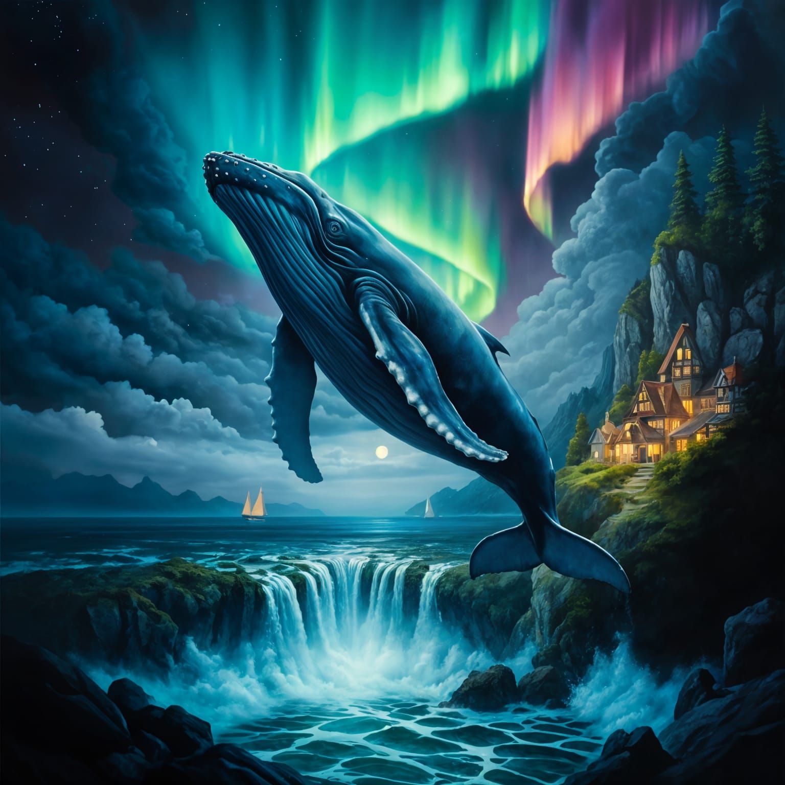 Psychedelic Whale in Stormy Northern Lights