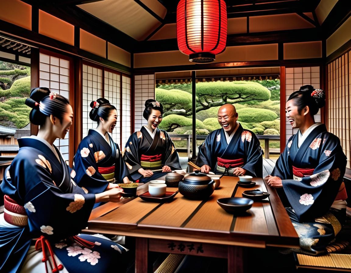 Samurai Warlord Laughing in Tea House: Photorealistic Image
