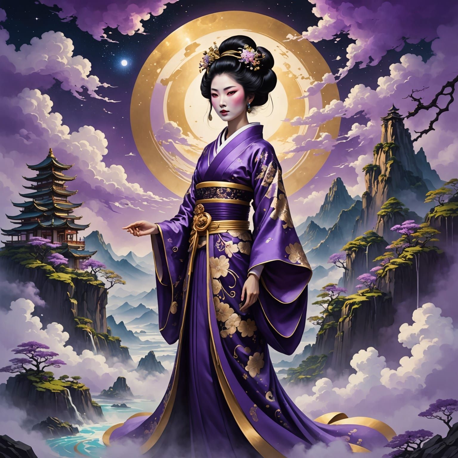 Geisha on Floating Island Amidst Nebula, Baroque Fantasy Art