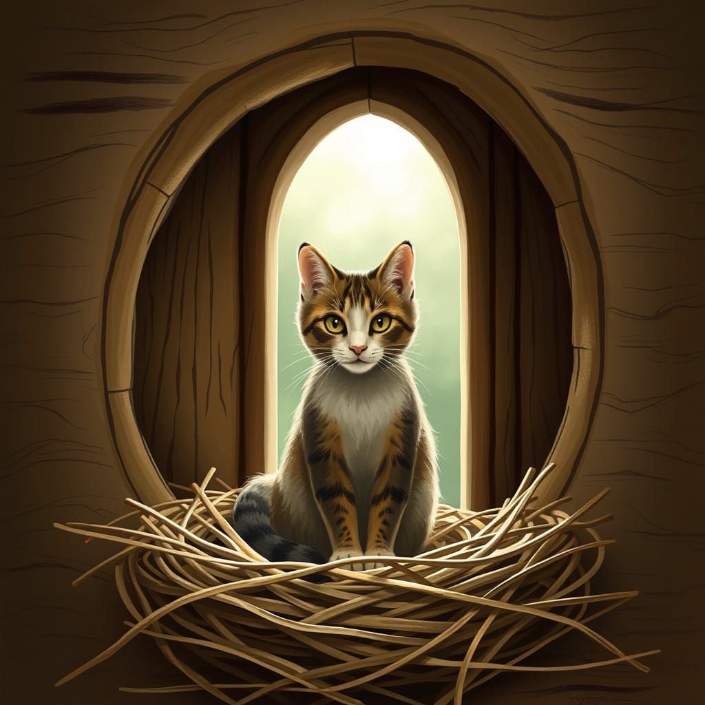 Child Surprised by Mischievous Cat in the Wall