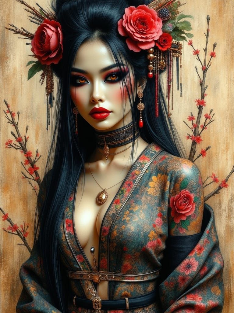 Oriental Woman Portrait in Colored Pencil Sketch Style