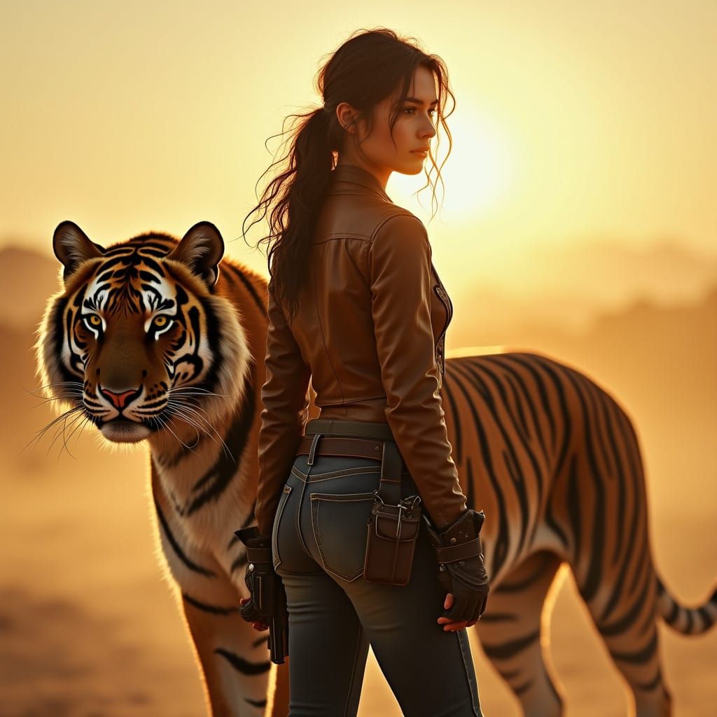 Gritty Gunslinger and Majestic Tiger in Desert Arena