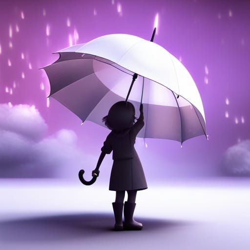 Girl with Umbrella in Rain and Stars: 3D Render