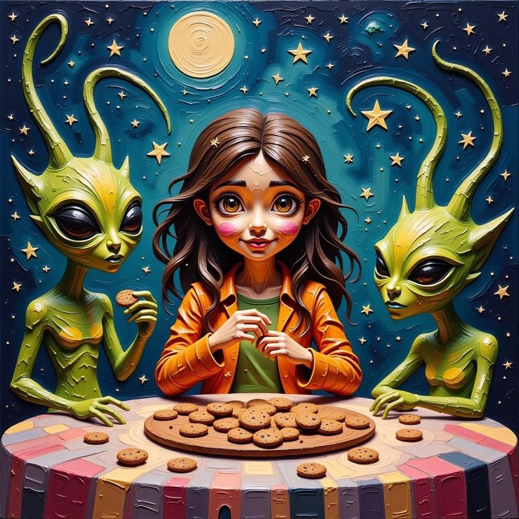 Cartoon character eating cookies with aliens at a table on a...