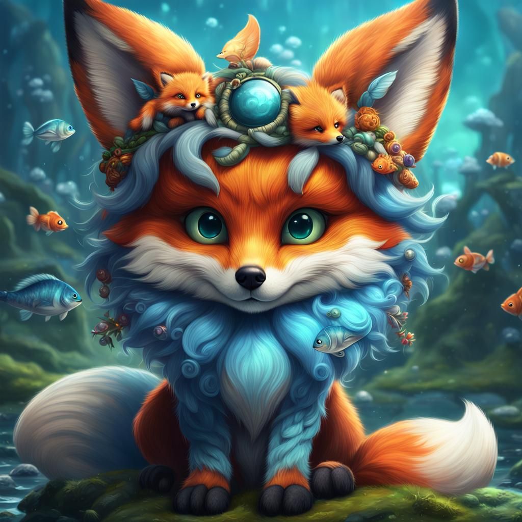 Cute Fluffy Fox Creature with Fish Tails