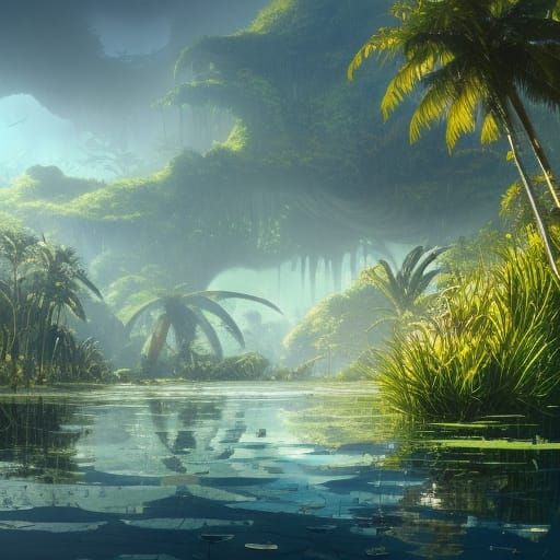 Tropical Wetlands Meet Ocean World: Dark Fantasy Art