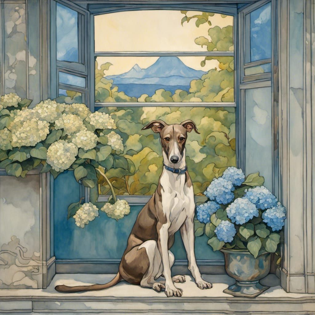 Art Nouveau Window View with Greyhound and Hydrangea