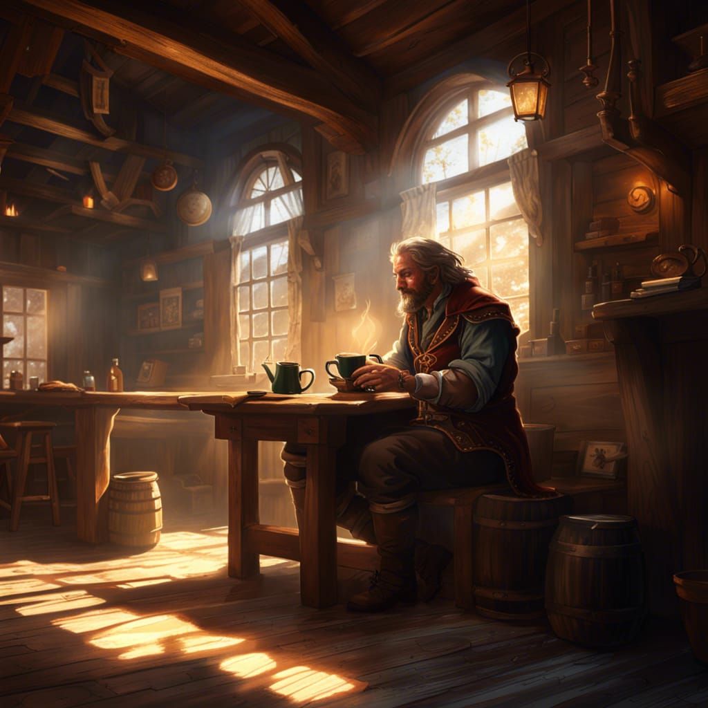 Bard Sipping Morning Coffee in Sunlight, Fantasy Art