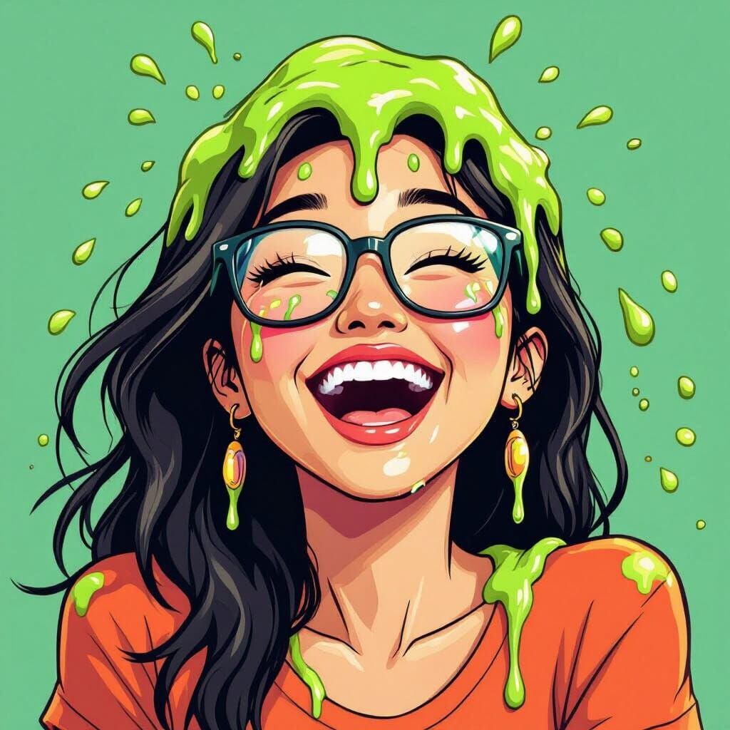 Joyful Woman Laughing as She's Covered in Nickelodeon Slime