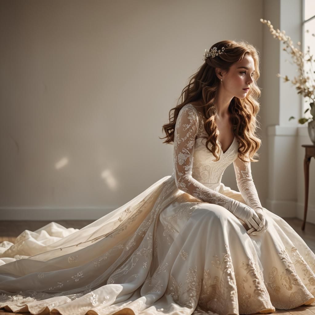 Elegant Woman in White Wedding Regalia, Caught in the Wind