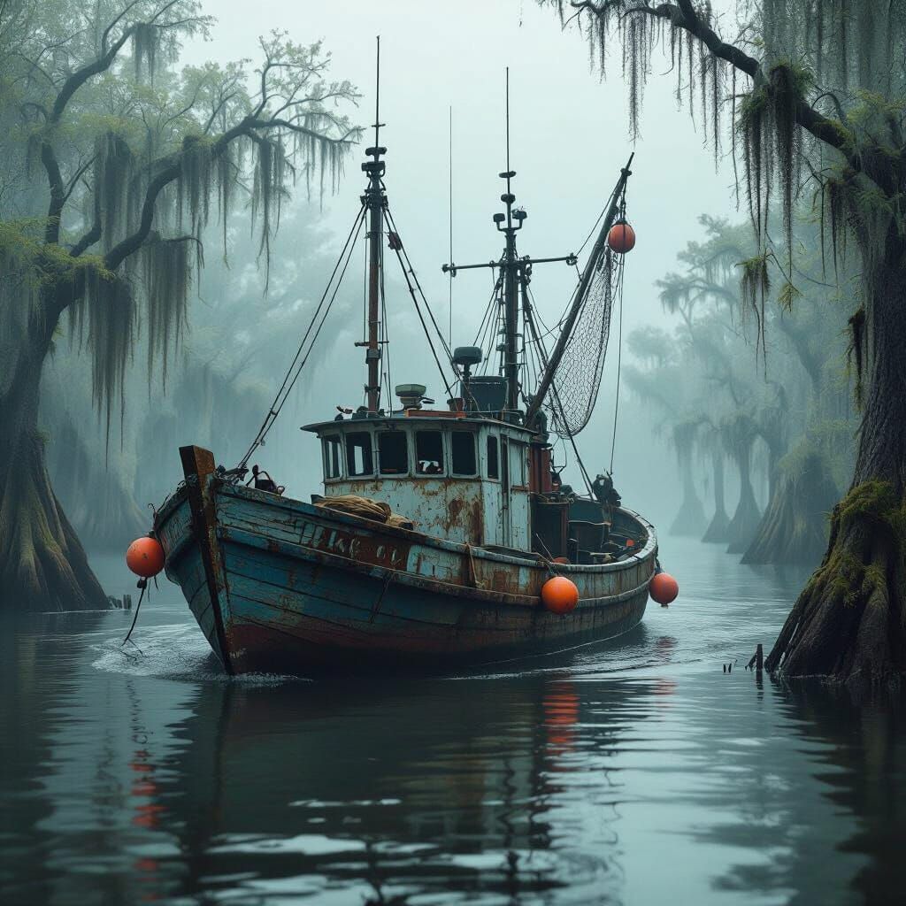 Vintage Shrimp Boat in Misty Louisiana Swamp