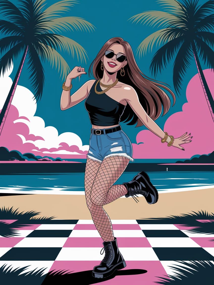 Dynamic Shoujo Anime Beach Scene: Korean Hip-Hop Dancer