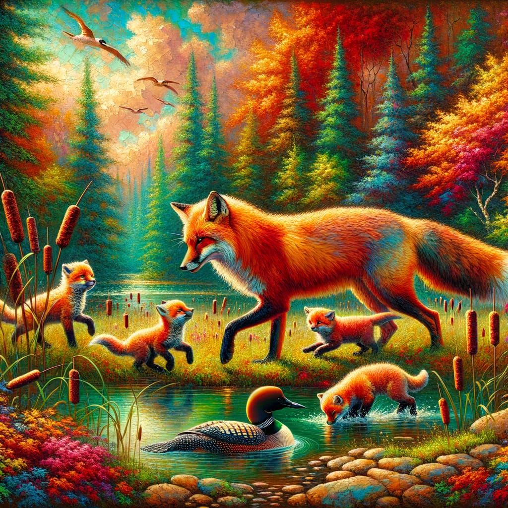 Impressionist Red Fox Family in Vibrant Forest Glade