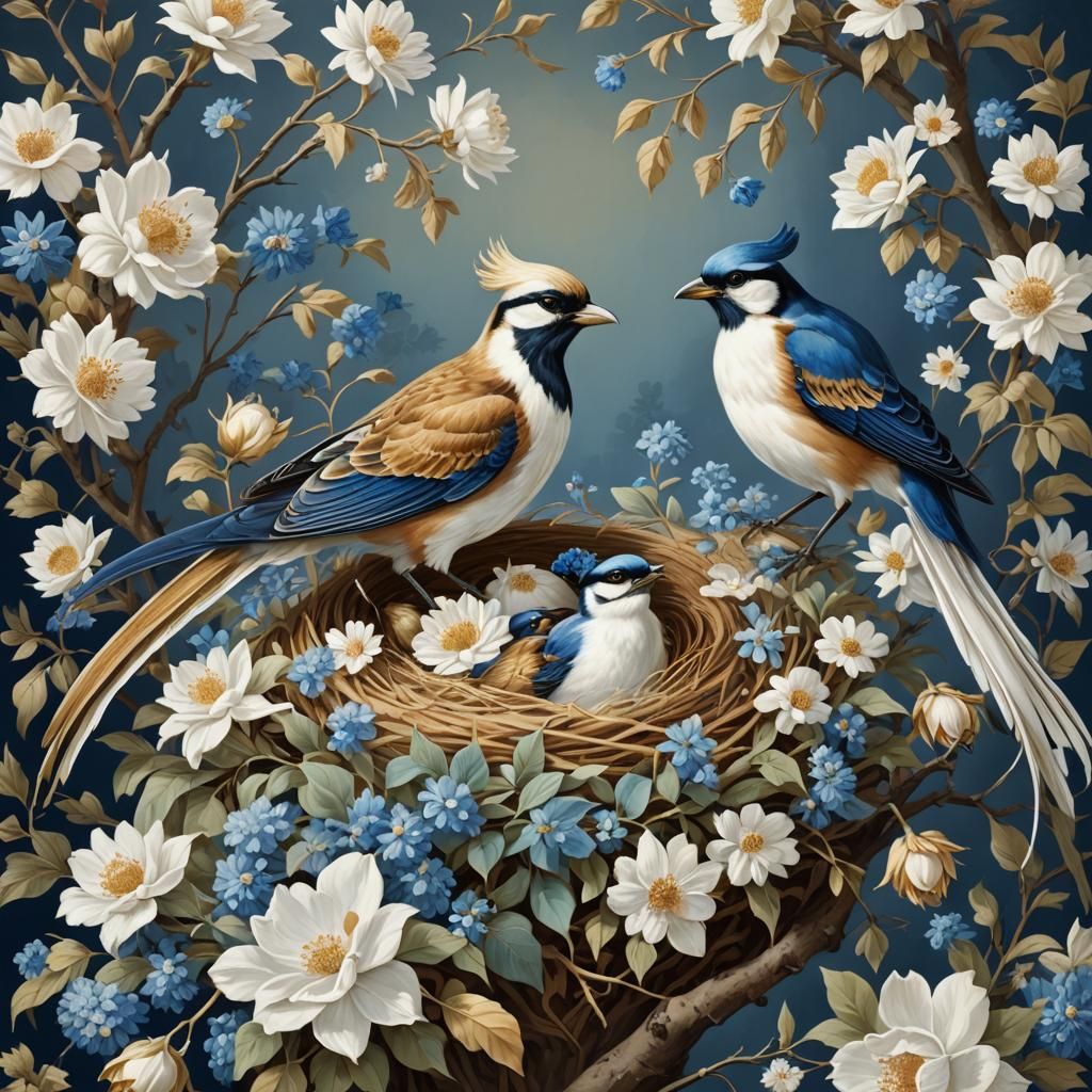 Regal Bird and Brood in Snowy Floral Scene
