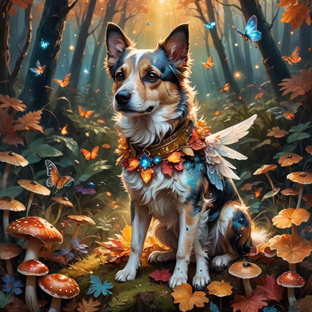 Winged Dog on Mushroom, Fantasy Oil Painting