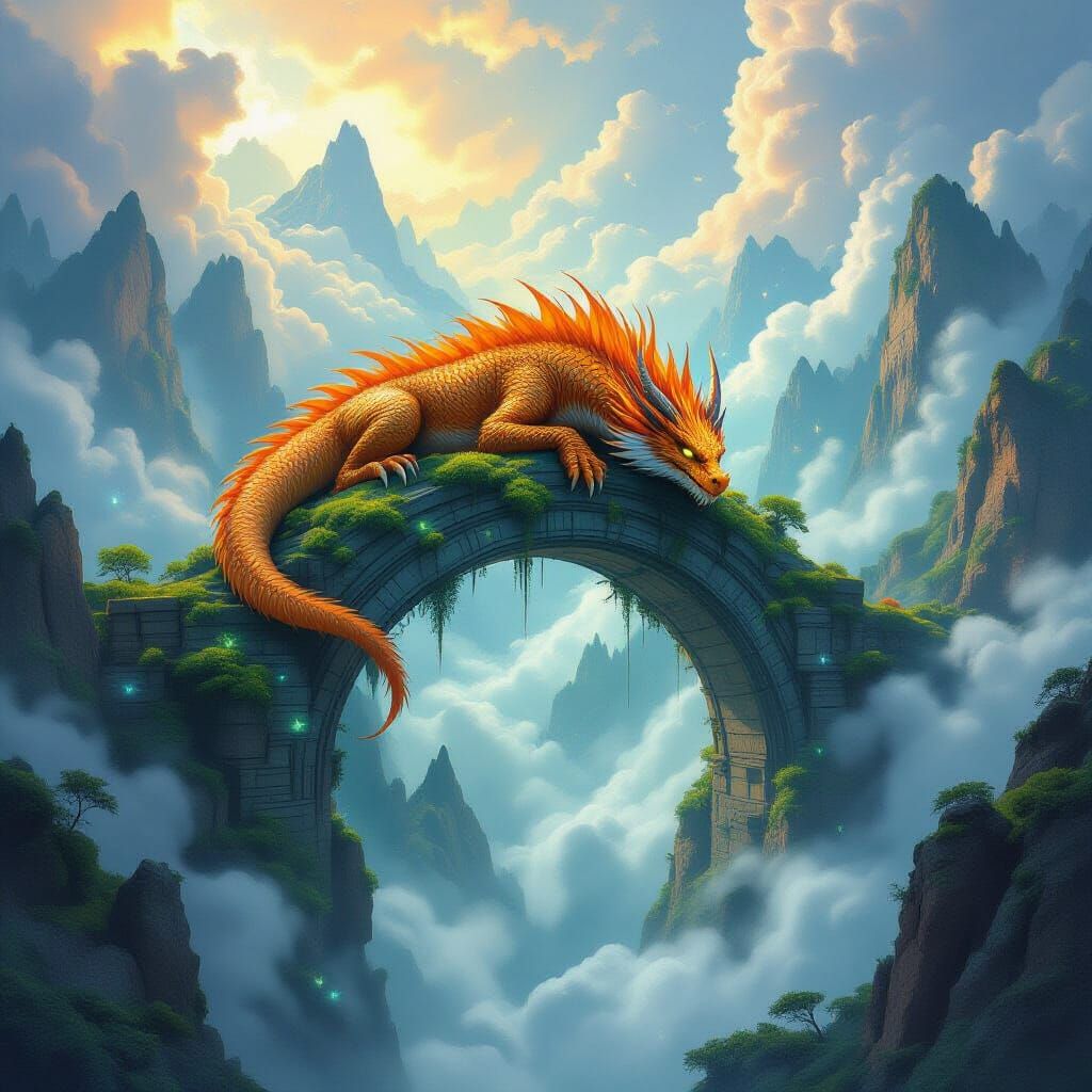 Orange Dragon Slumbering on Stone Archway