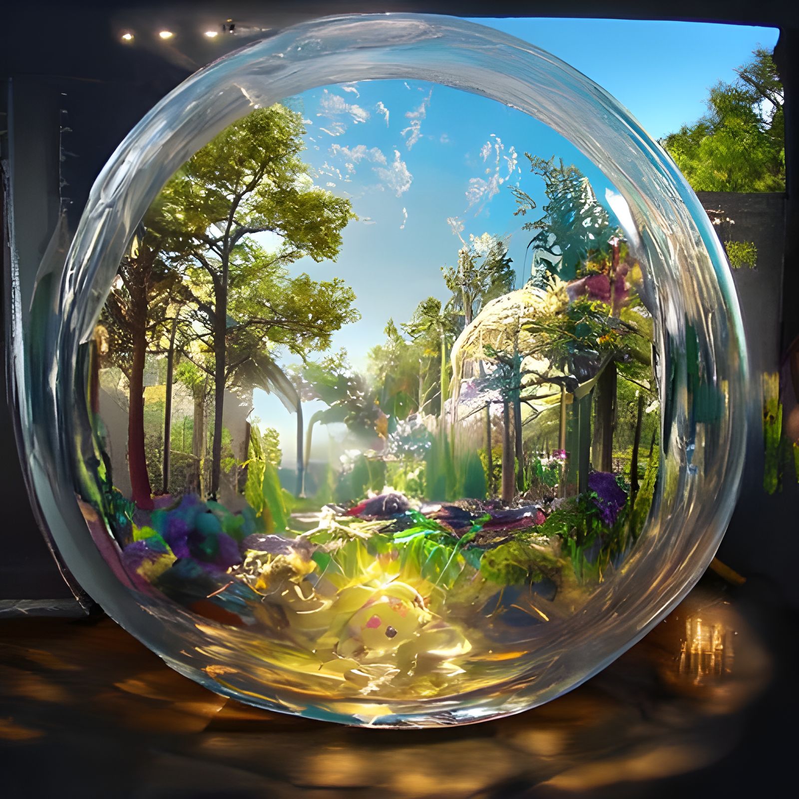 A path in a magical forest seen through a bubble
