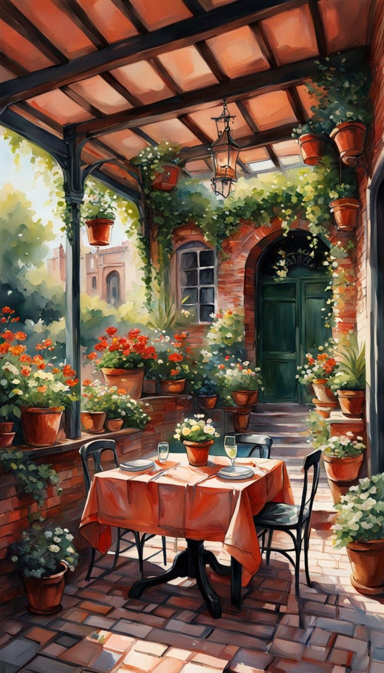 Courtyard Waterfall Garden with Flowering Trellis