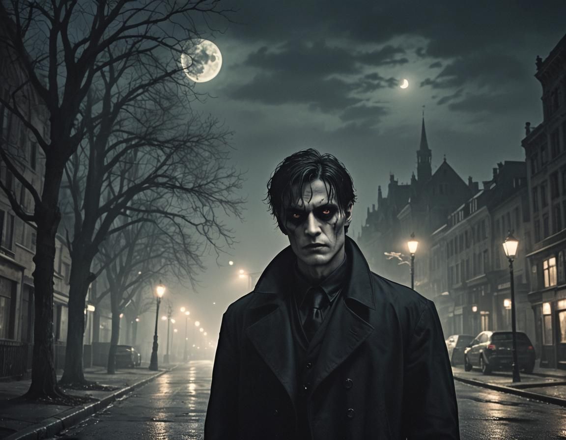 Gothic Psychopath in Moonlit Cinematic Dreamscape