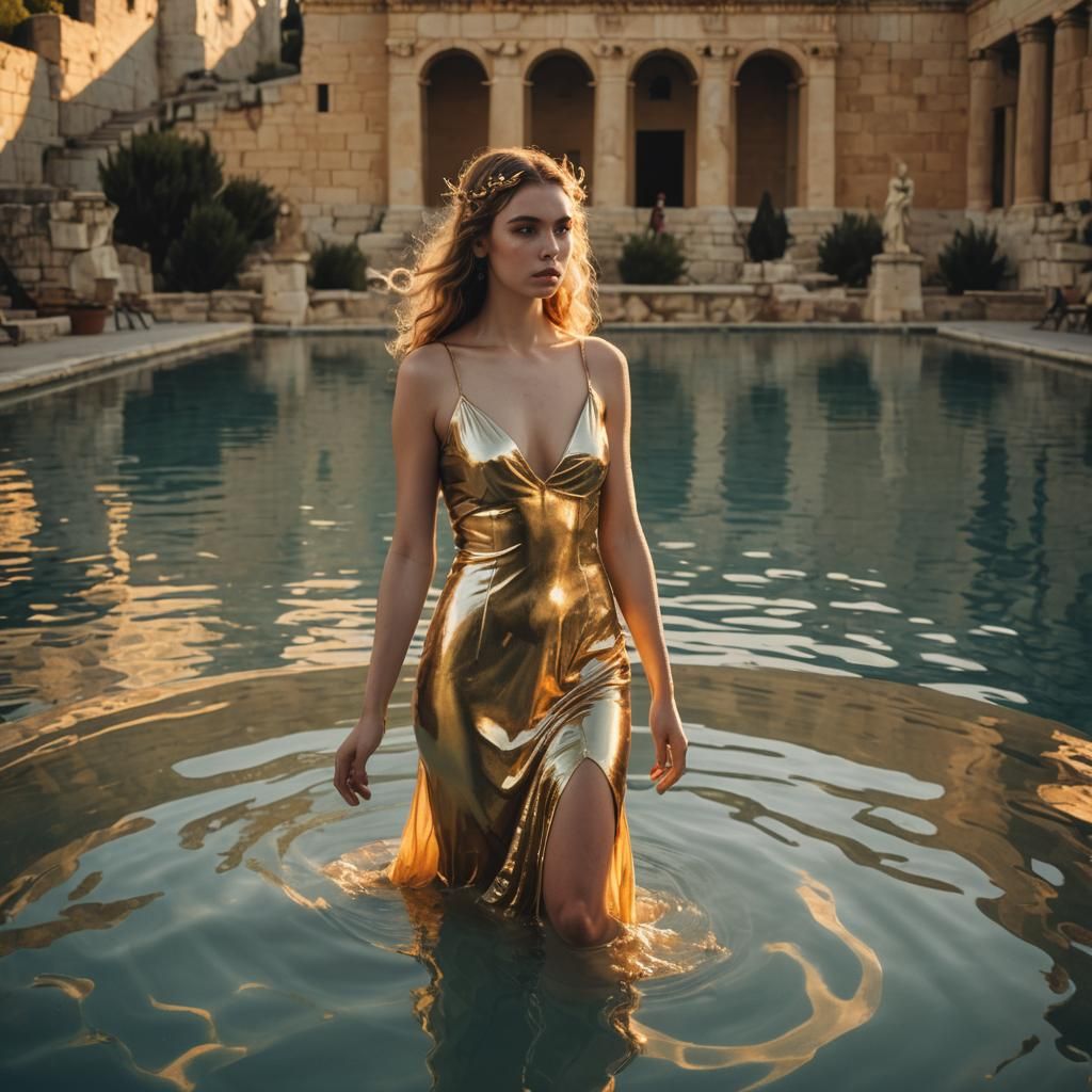 Nymph in Pool at Golden Hour with Zeus