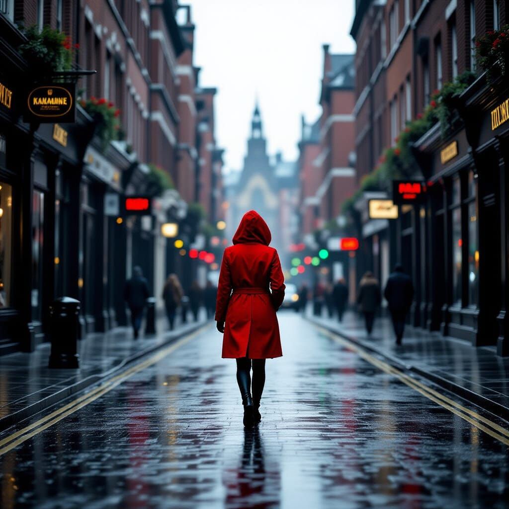 Red Coat Figure on Rainy Liverpool Street in Film Noir Style