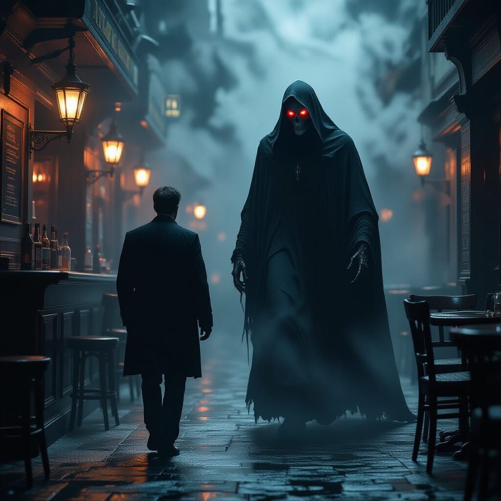 Man Escapes Smoky Bar with Ominous Shadow of Death