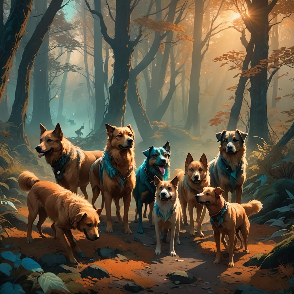 Mystical Dogs in Golden Light, Art Nouveau Style