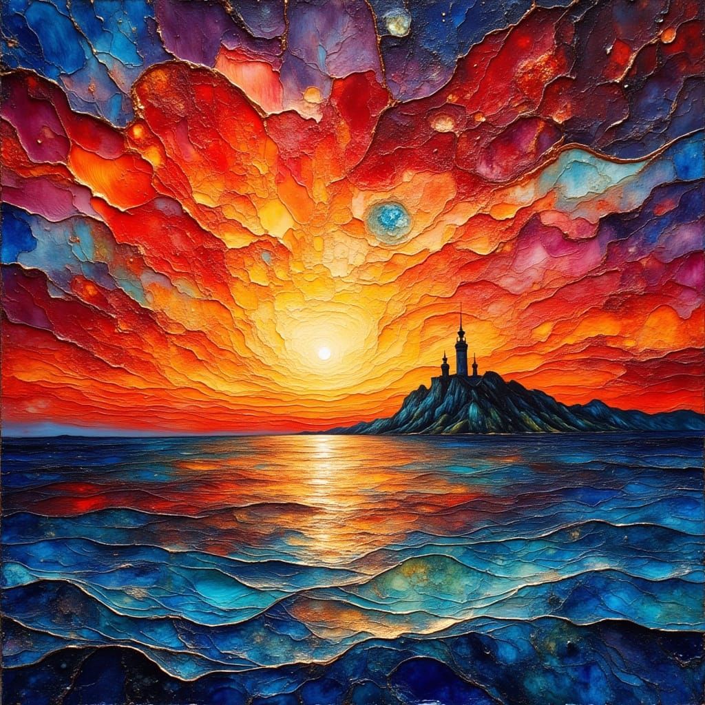 Van Gogh Style Sunset Over Calm Sea with Sailboat