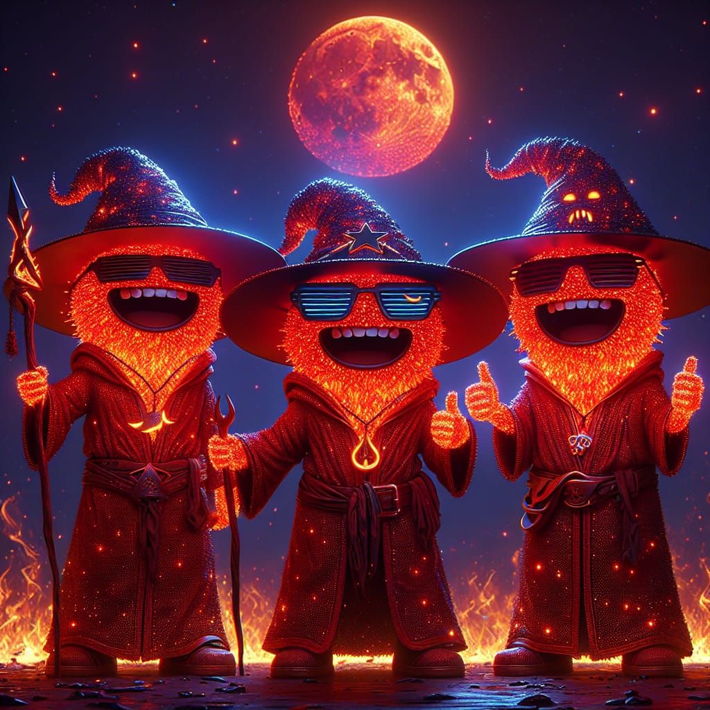 Humorous Wizards Under Blood Moon in Dark Art Style