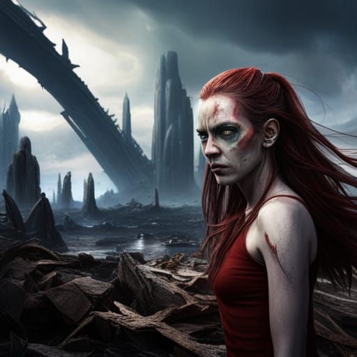 An extreme close-up full-face portrait of a woman alone in a...