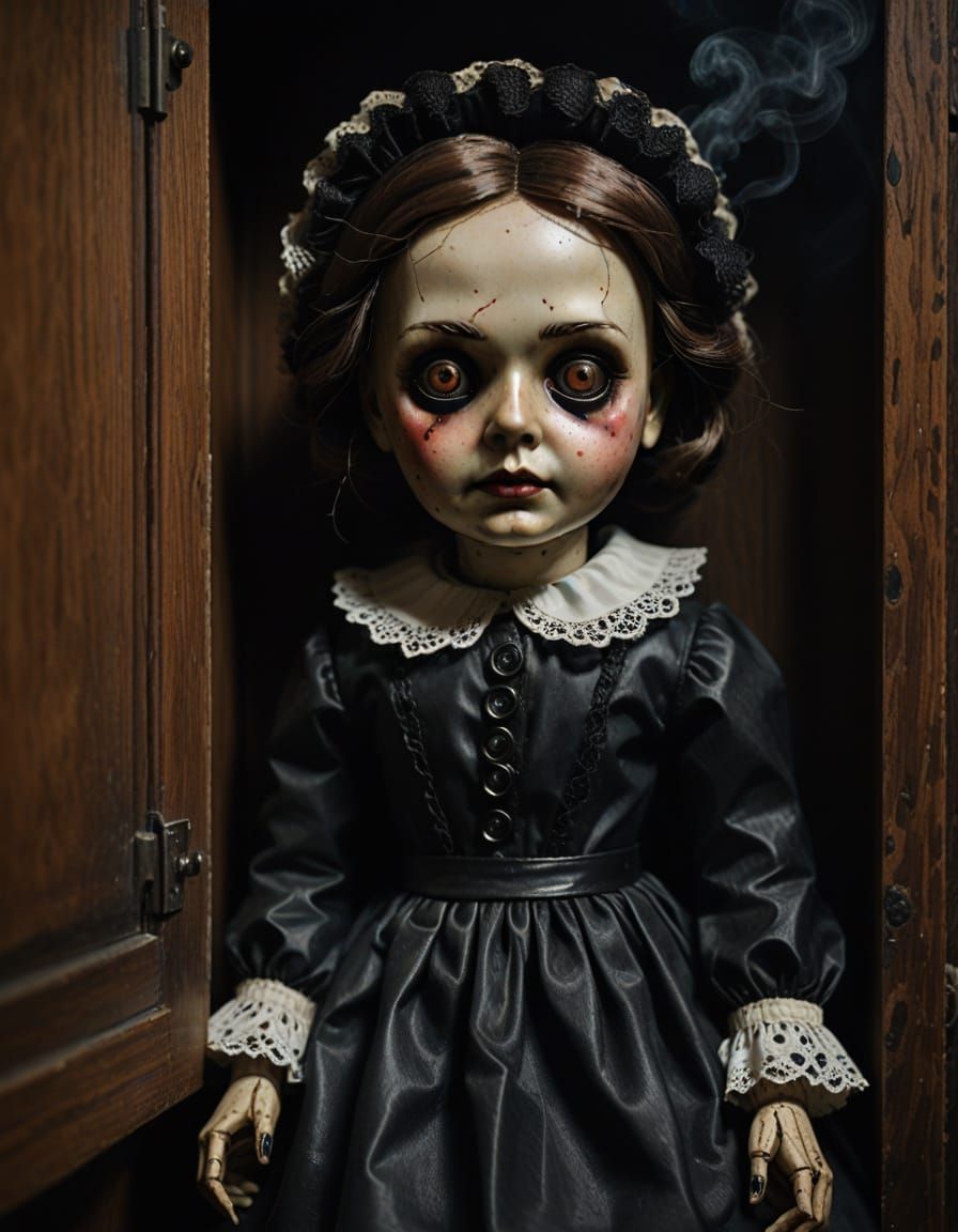 Creepy Victorian Doll Stares from Dark Wooden Cupboard