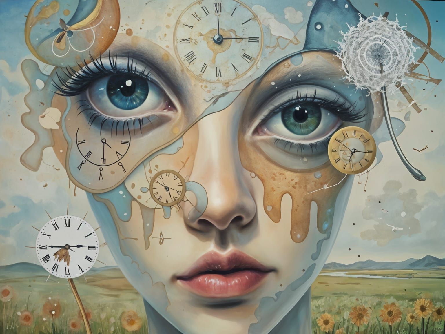 Surreal Eye Gazing Over Dreamscape, Oil Painting