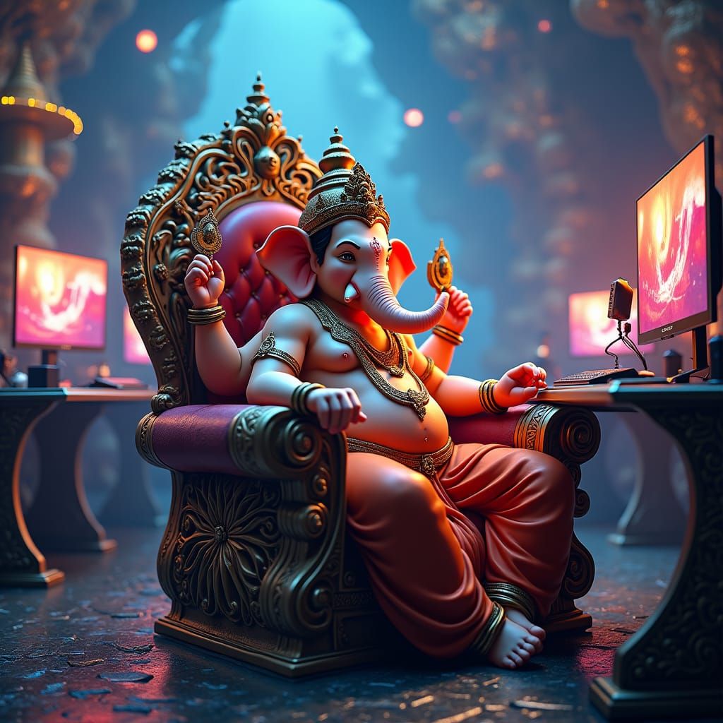 Ganesha on Gaming Throne in Science Fantasy Style