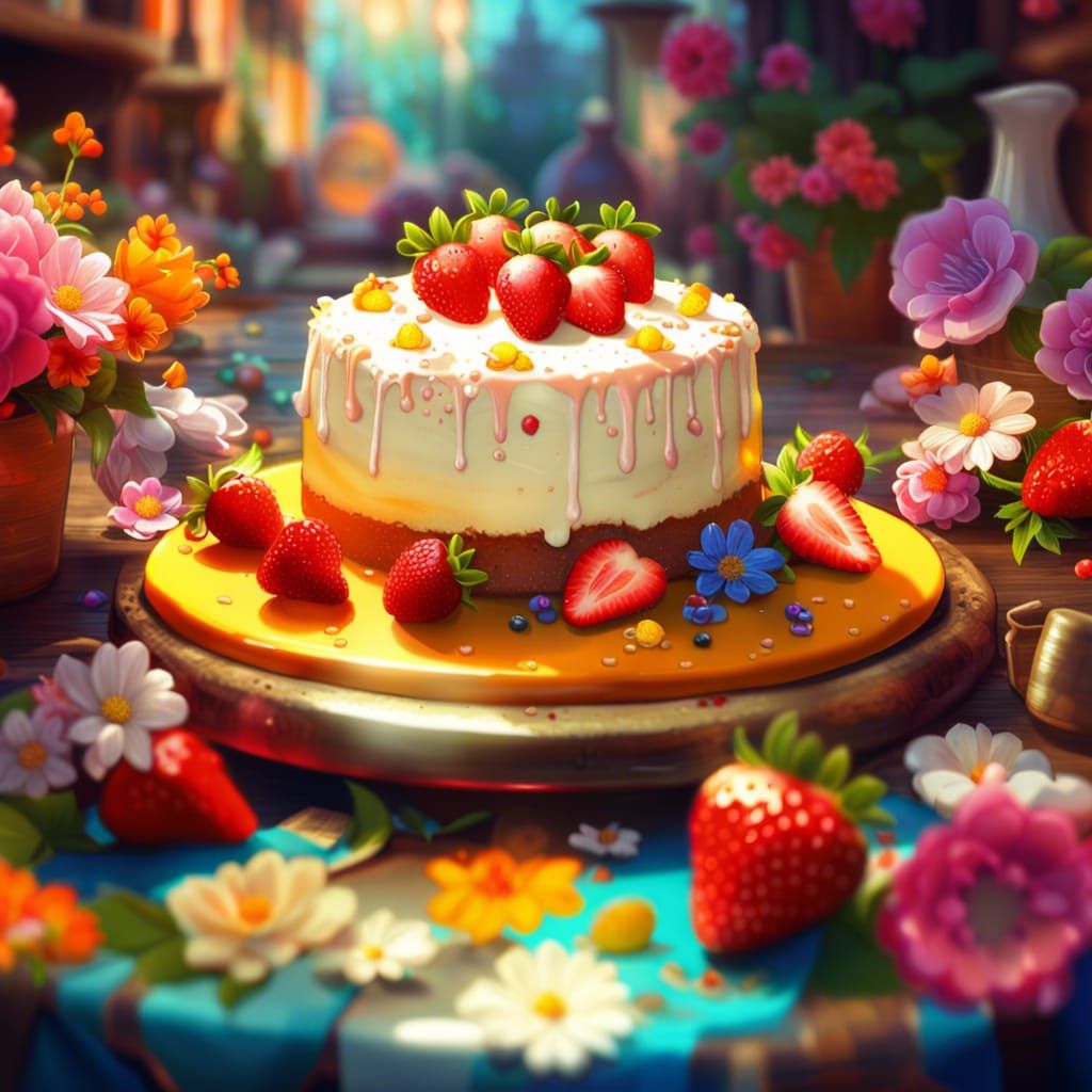 Delicious Cheesecake with Flowers, Photorealistic Digital Ar...