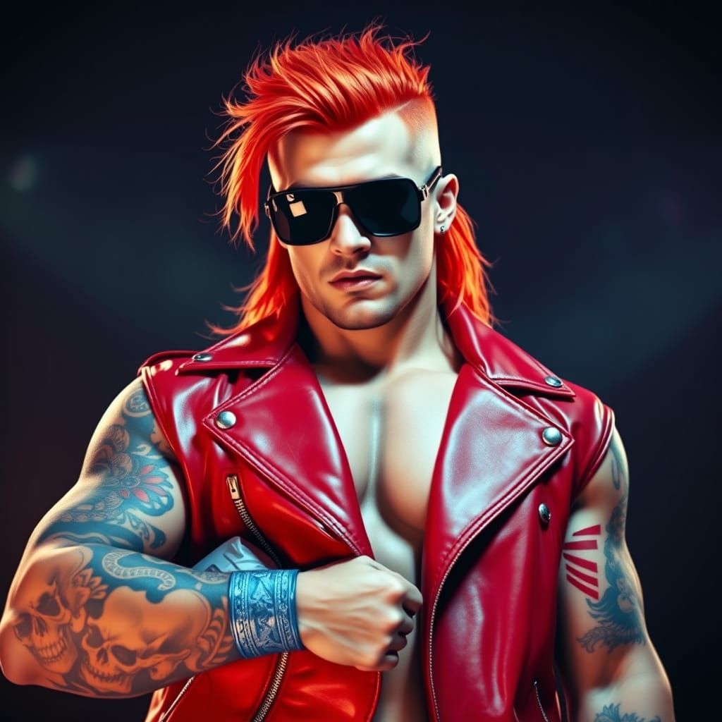 Muscled Wrestler in Fiery Red Hair and Bold Leather Outfit