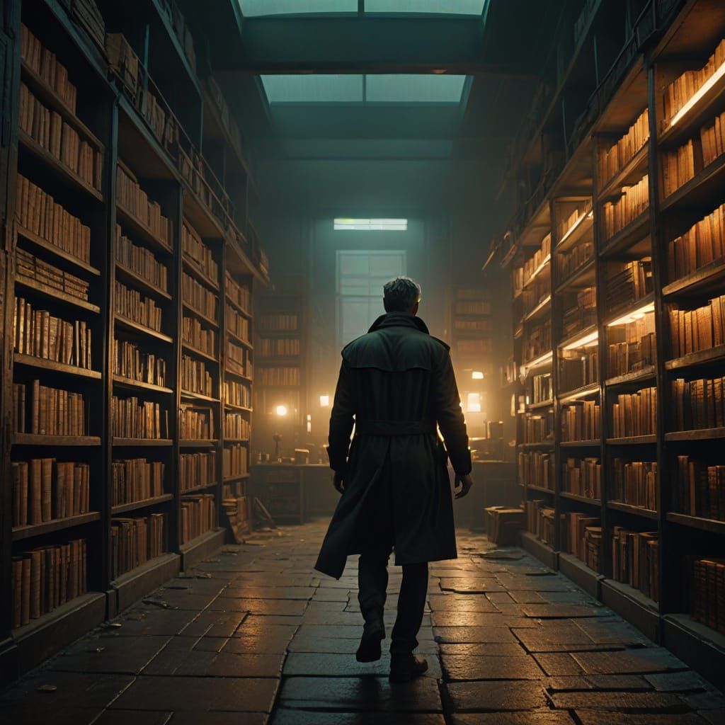 Elegant Researcher Discovers Ancient Tomes in Golden-Lit Arc...