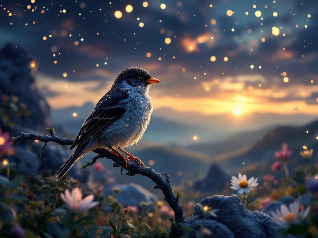 Sparrow on Branch in Starry Meadow, 3D Render