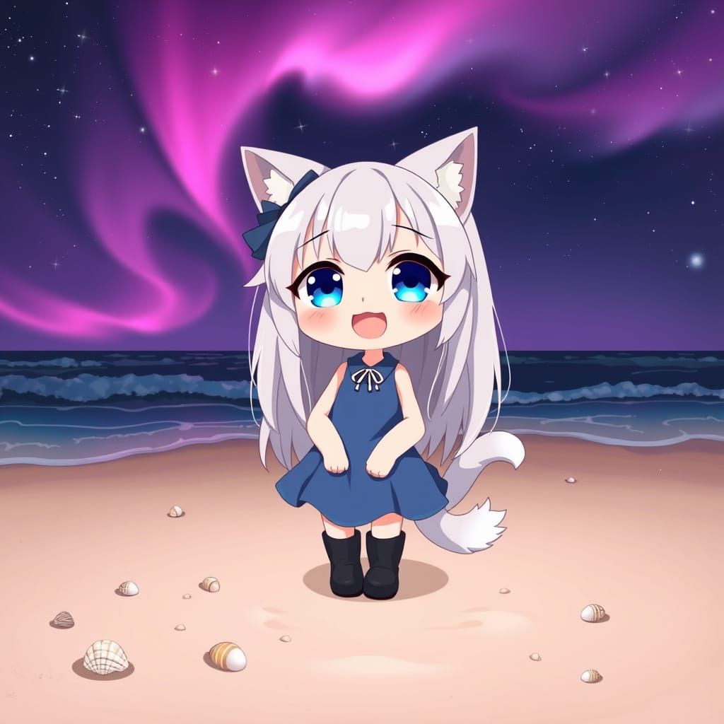Cute Catgirl Dances Under Starry Night Sky