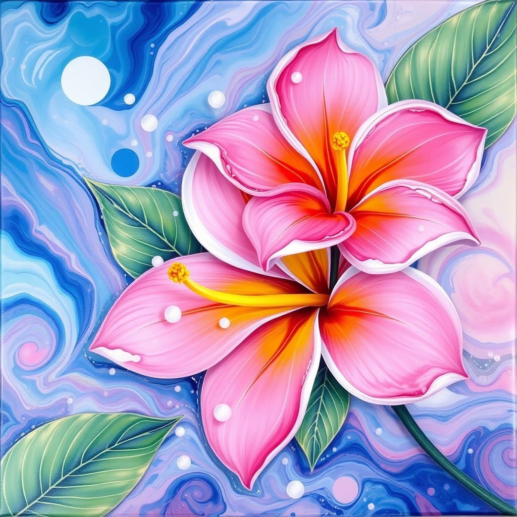 Surreal Plumeria Blooms in Vibrant Fluid Art