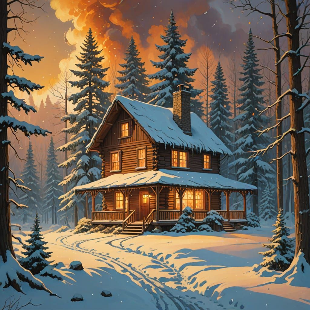 Cozy Cabin in Winter Forest, Rustic Style