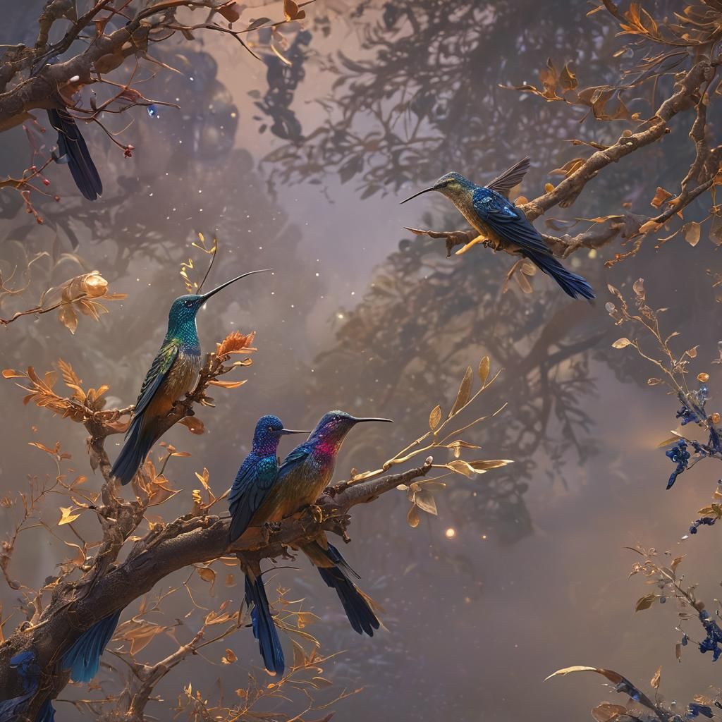 Jeweled Hummingbirds on Ancient Branch: Fantasy Art