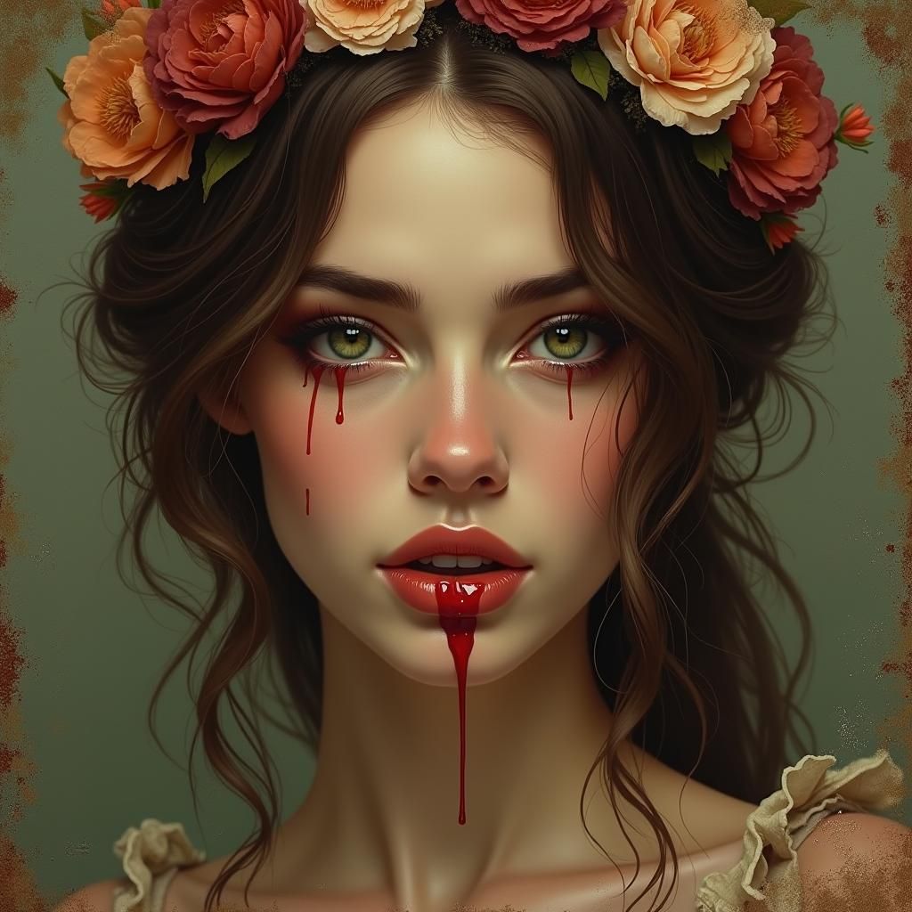 Portrait of Brunette with Blood and Flowers
