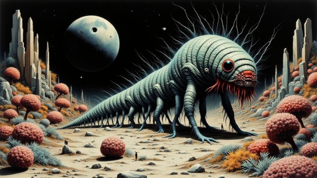 Giant Caterpillar Menaces Spaceship on Lunar Landscape